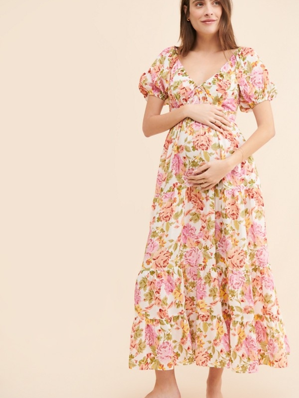 Floral Puff-Sleeve Maternity Maxi Dress - Pink
